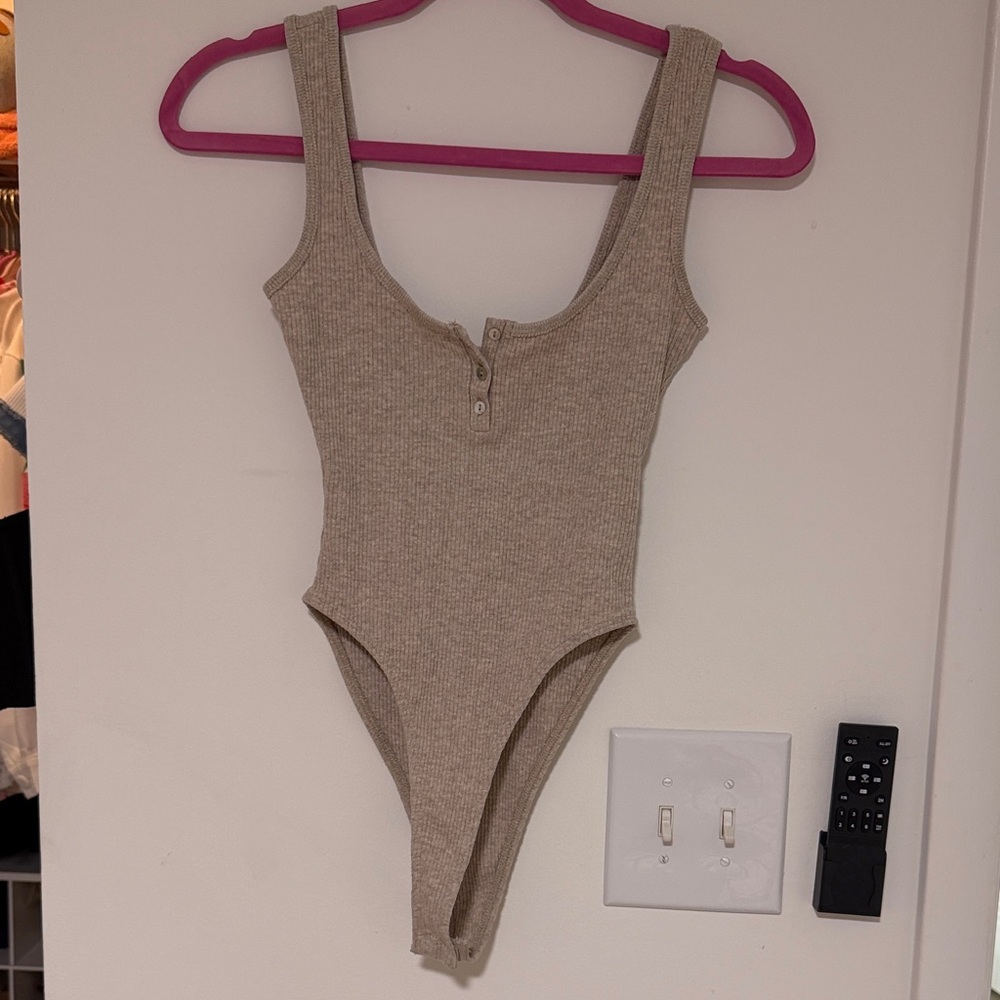 Zara Ribbed Henley Bodysuit in Beige